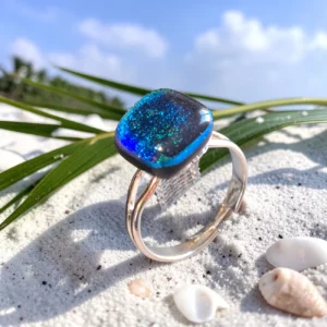 bague ajustable verre dichroique bleu ciel