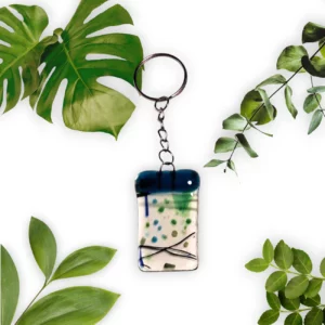 Porte Clés Verre Bleu Feuille