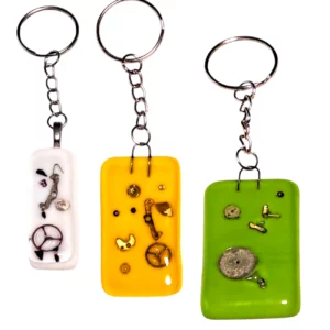 Porte clés en verre Trio mécano Jaune Vert Blanc
