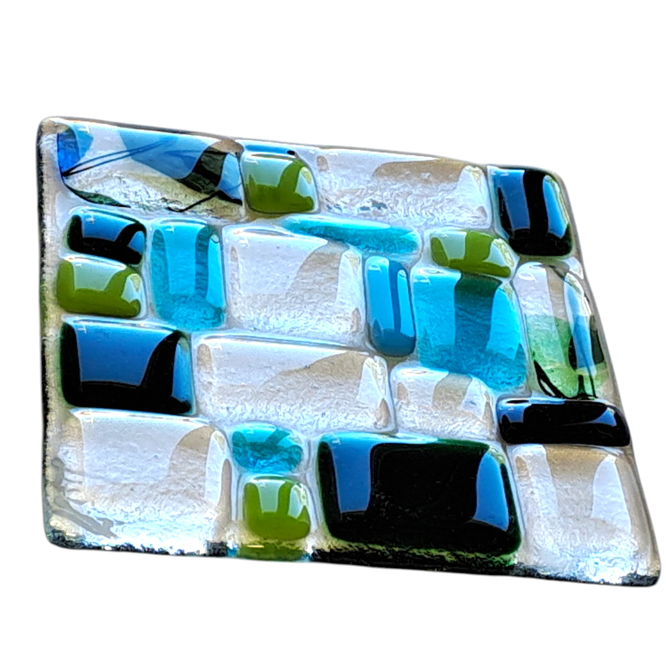 sous-verre verre fusionné bleu vert noir carrés rectangles relief