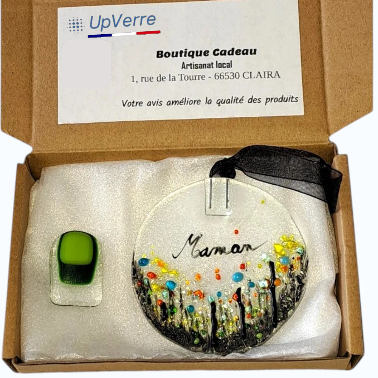 attrape-soleil rond verre Maman fleurs multicolores fait main France