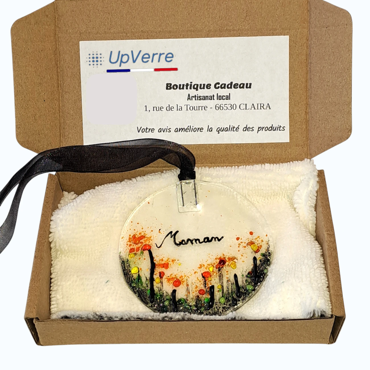 attrape-soleil rond verre Maman coquelicots orange rouge fait main