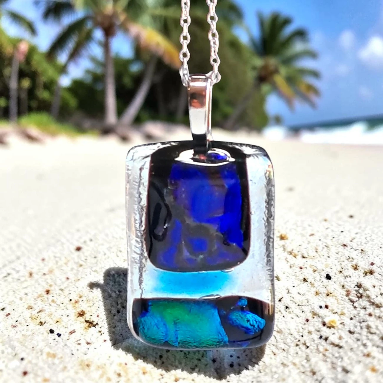 pendentif verre dichroïque bleu vert fait main France