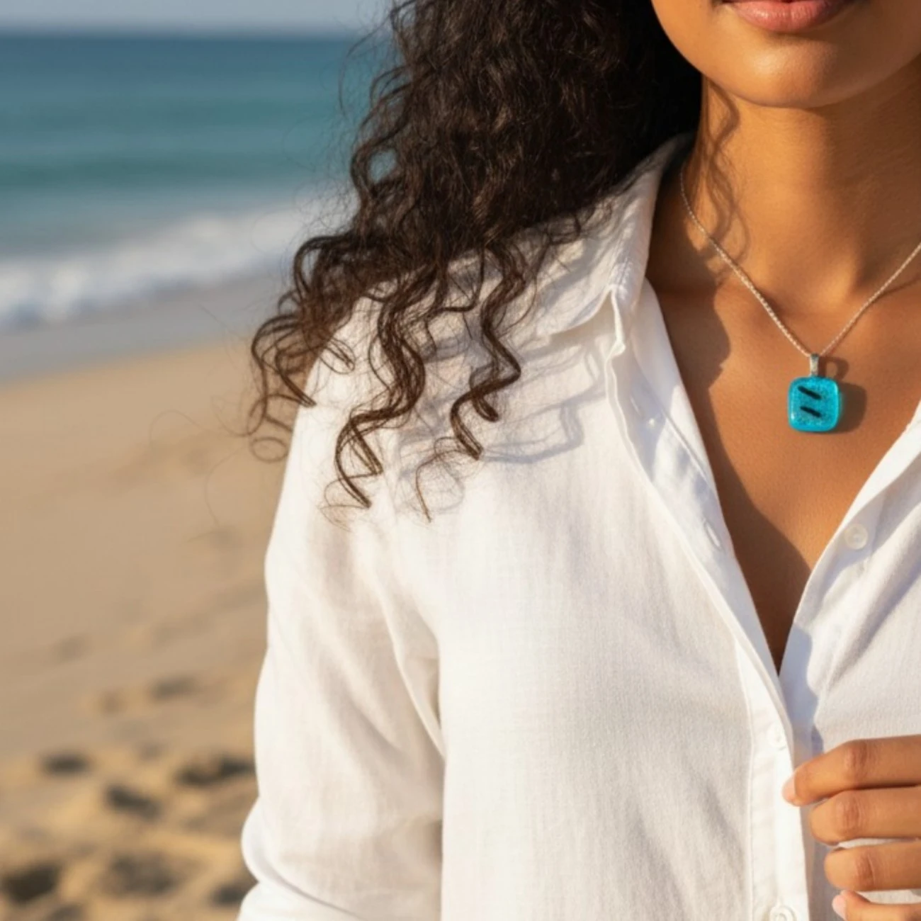 Pendentif en verre dichroïque bleu ciel