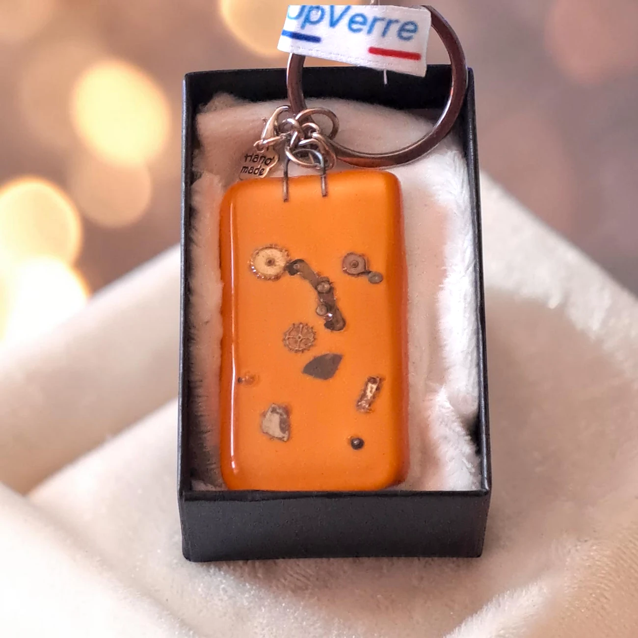 Porte clés Verre fusing Mécanisme montre orange