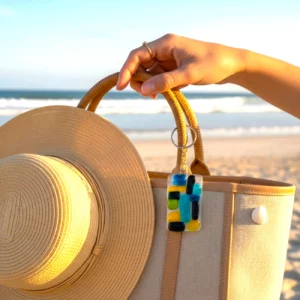 Porte-clés verre fusionné bleu et jaune fait main France Porte-clés verre fusionné bleu et jaune fait main France