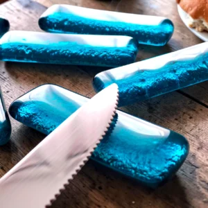 Porte-couteaux ou repose-couteaux de table en verre fusing bleu turquoise transparent lot de 6 avec étui tissu Oeko-Tex