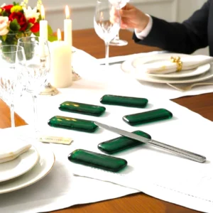 porte-couteaux-verre-fusing-vert-transparent-lot-6-1 Porte-couteaux ou repose-couteaux de table en verre fusing vert transparent lot de 6 avec étui tissu Oeko-Tex