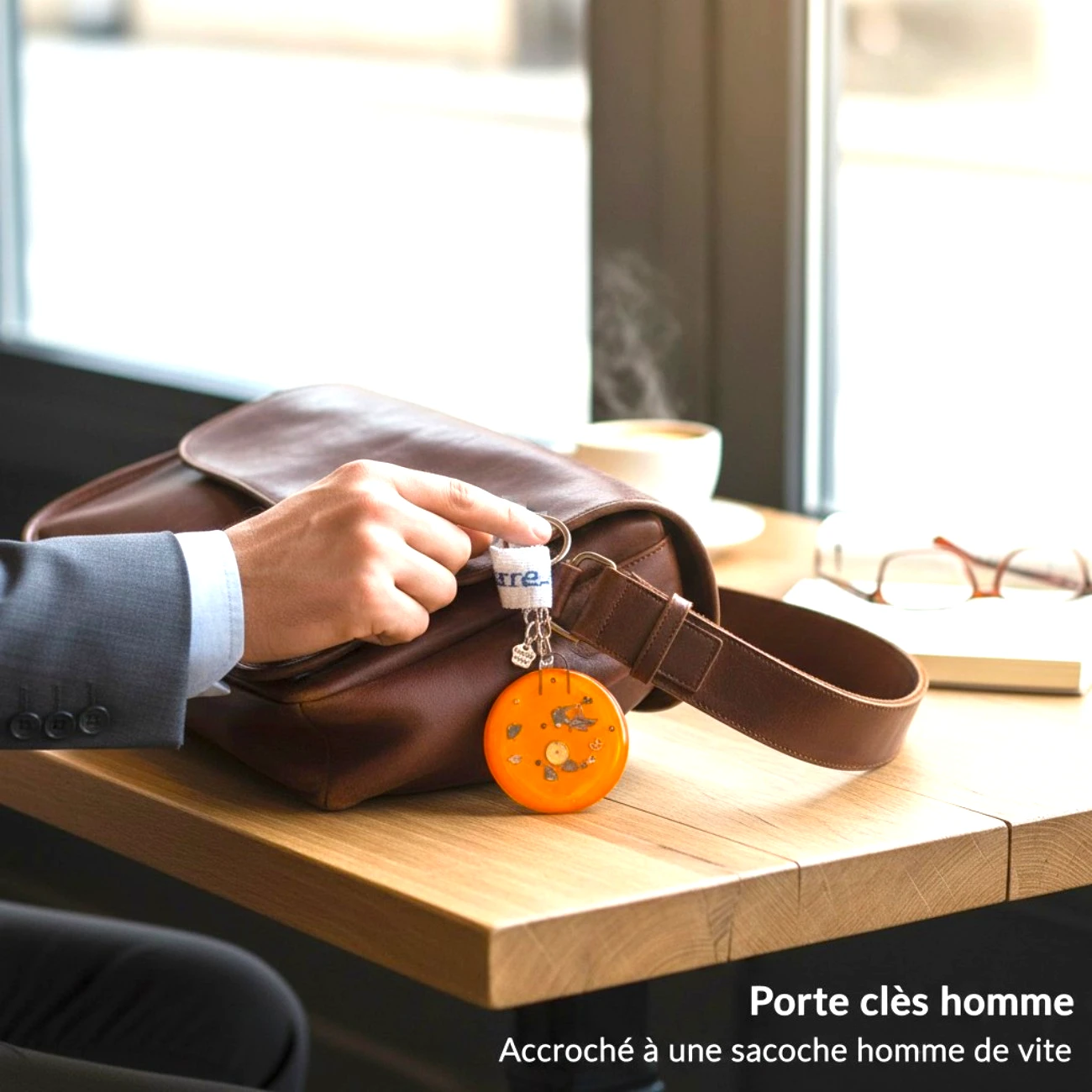 porte-clés upcycling mécanisme montre verre orange fait main