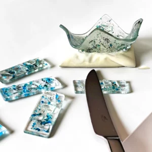 Ensemble Porte Couteaux et Bougeoir en verre bleu - Art de la table
