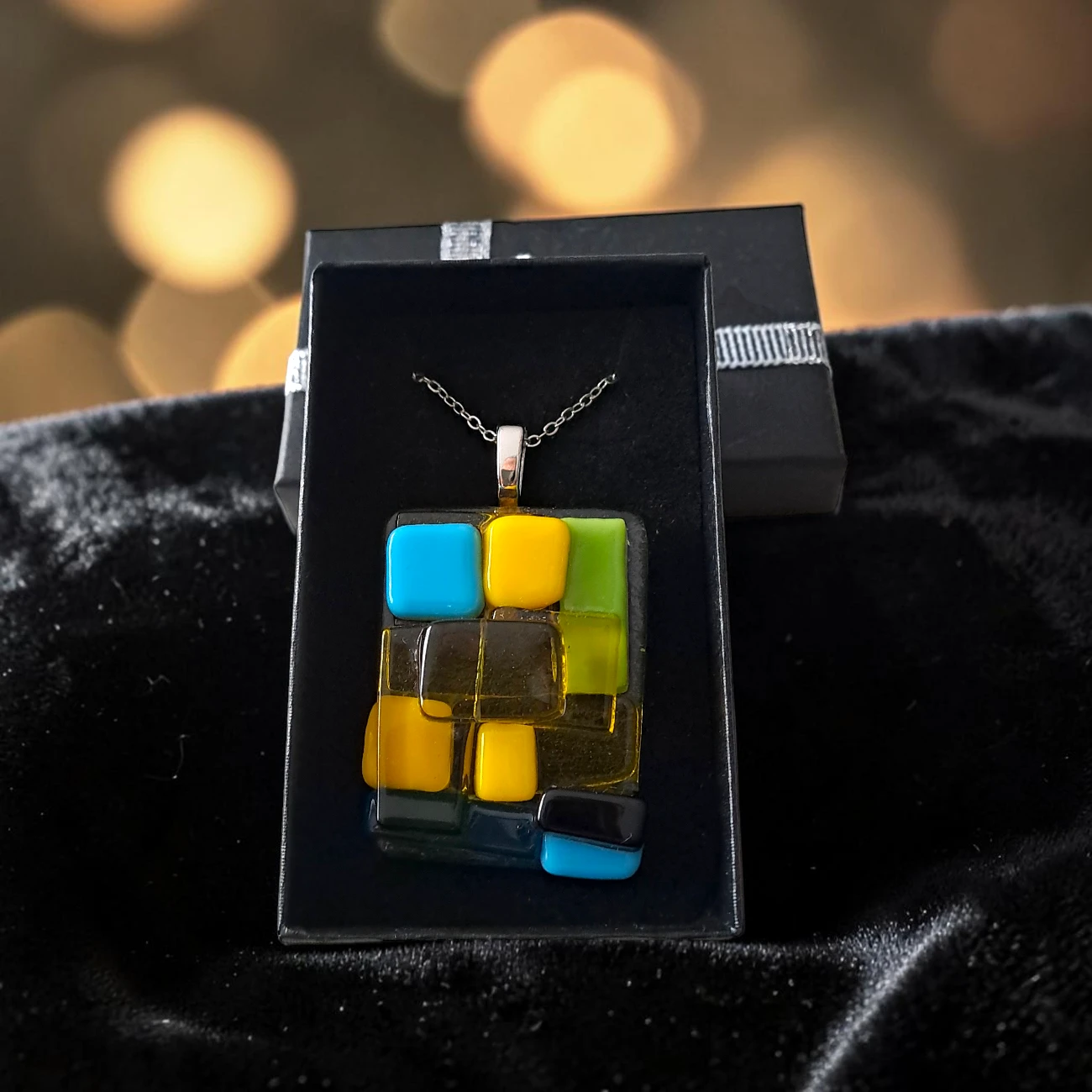 Pendentif Verre Mosaïque Jaune, bleu & noir