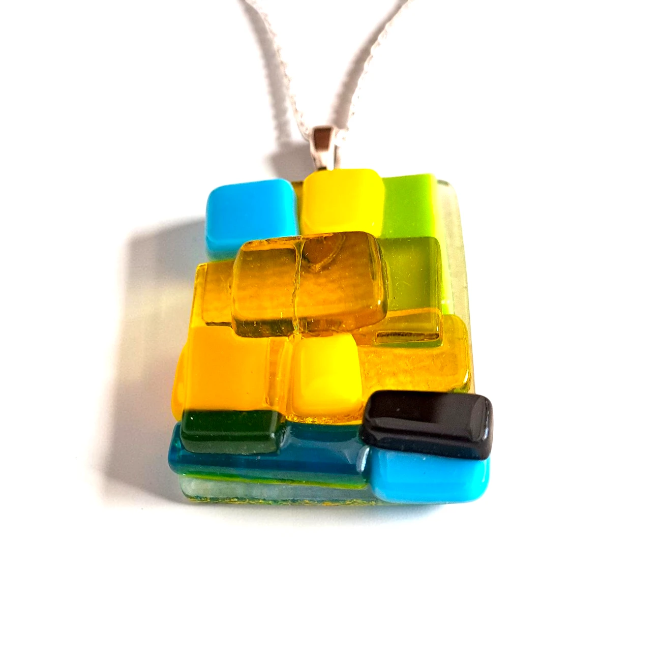 Pendentif Verre Jaune Bleu Noir Vert Art Déco Boite Cadeau