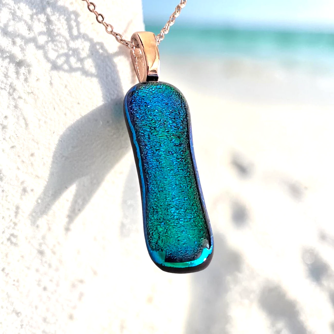 Pendentif Verre Dichroïque Bleu Vert - Fait Main France