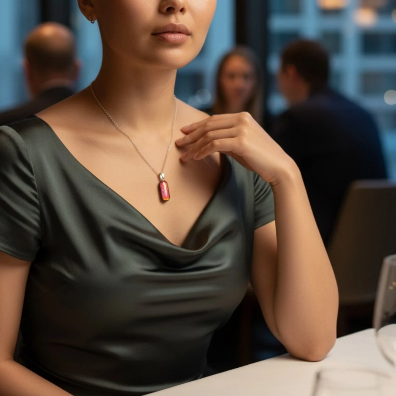 Pendentif verre dichroïque rouge cerise cuivré fait main France