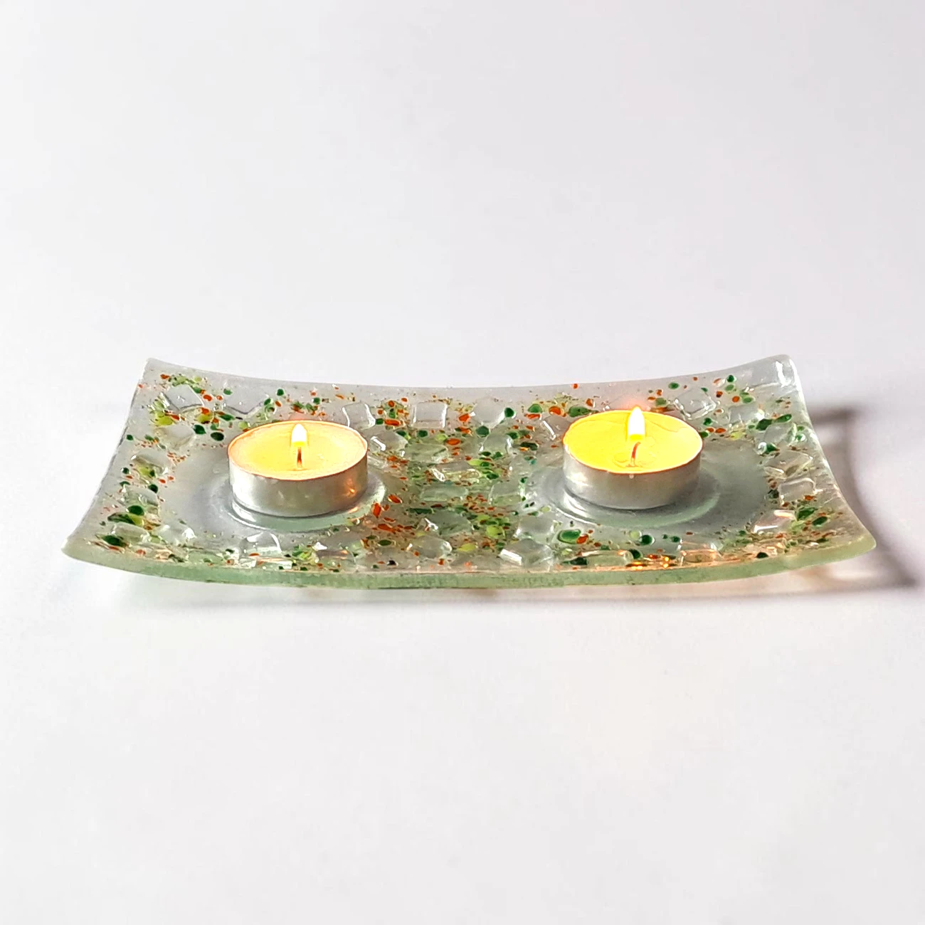 Bougeoir Plat Design en Verre Fusionné Double Éclat Vert et Orange